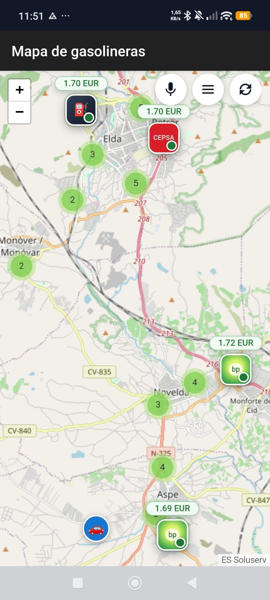 Captura original de Google Play del mapa movil con precios visibles y marcadores de gasolineras cercanas